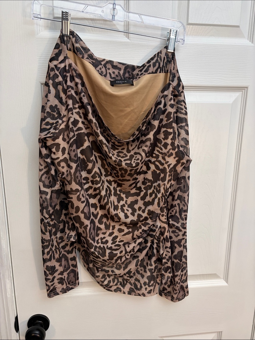Zesica Brown Leopard Print Long Sleeve Cowl Neck Top